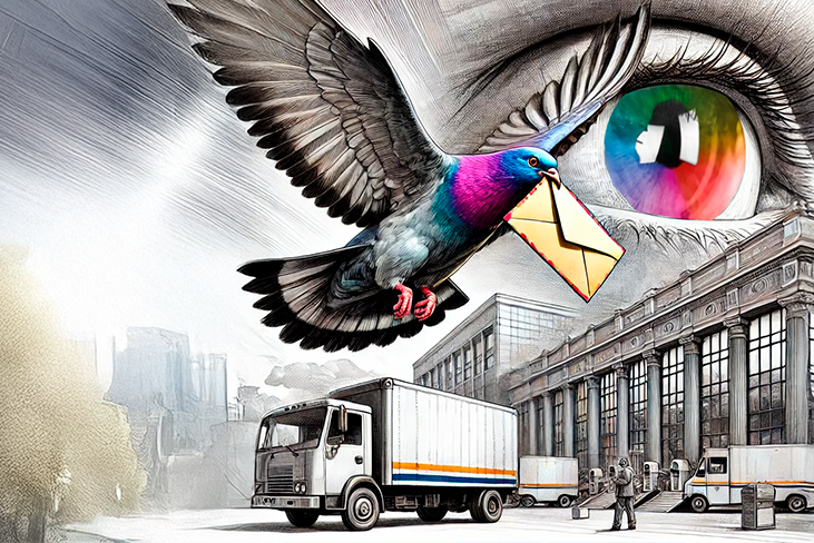 Collage: Auge in Regenbogenfarben blickt auf eine stilisierte Abbildung von vier Personen. Darüber Sprechblase mit Symbolen von Diagrammen.