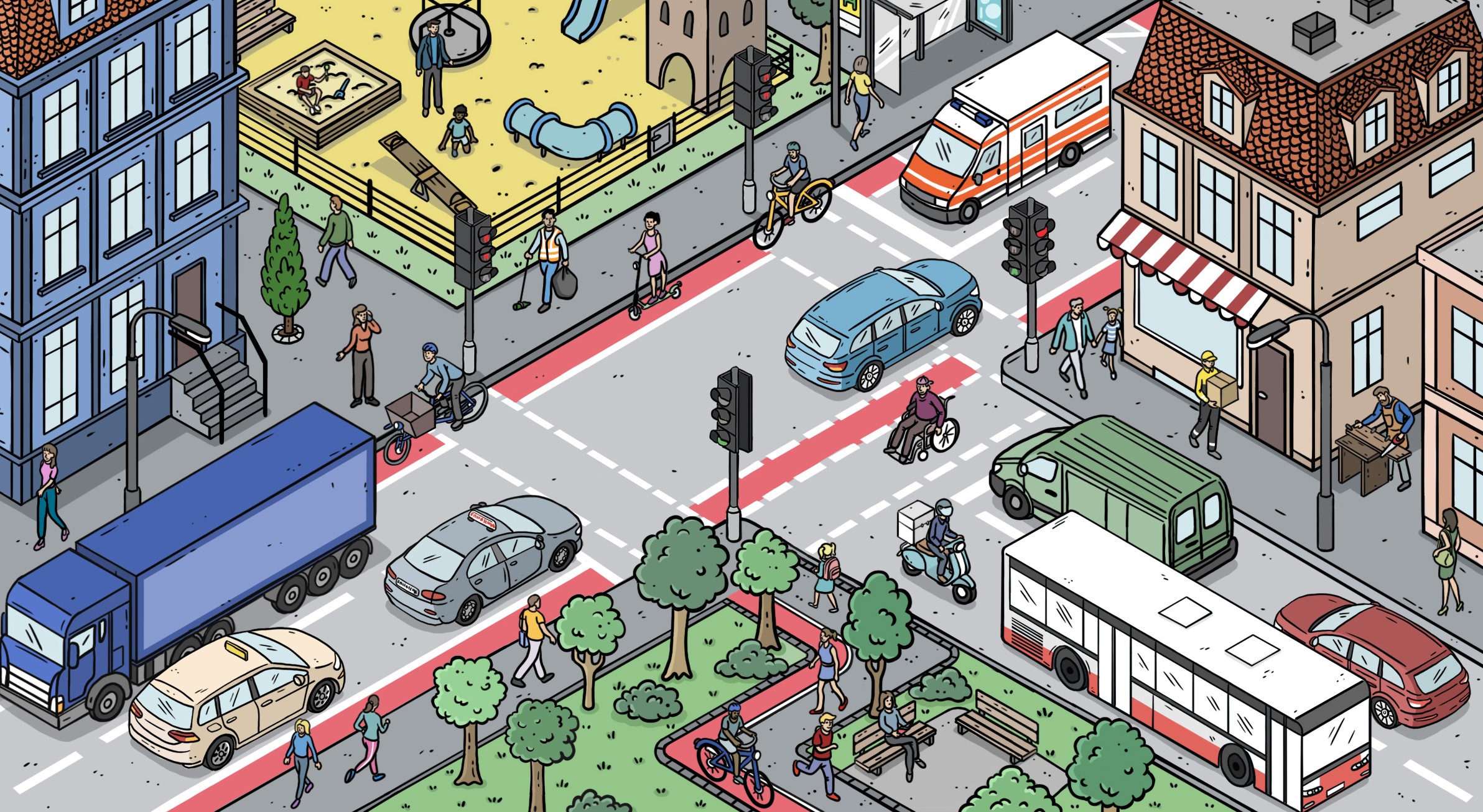 Illustration einer Verkehrskreuzung mit Autos, Passanten in einer Stadt