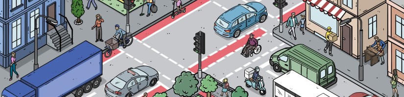 Straßenkreuzung mit Passenten und verschiedenen Fahrzeugen in einer Stadt