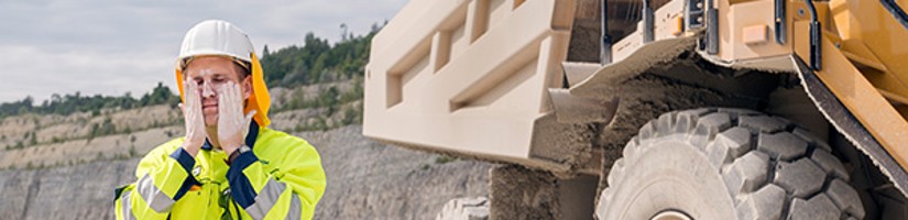 Ein Mann in Warnkleidung steht vor einem großen LKW und cremst sein Gesicht ein.