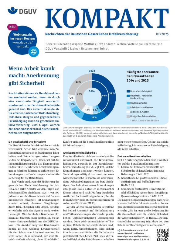 Titelbild DGUV Kompakt 2/2025; Wenn Arbeit krank macht: Anerkennung gibt Sicherheit