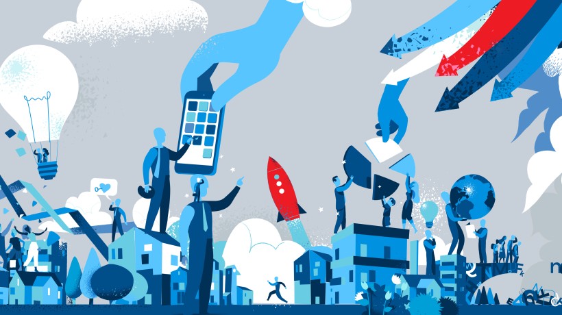 Eine abstrakte, futuristische Illustration in Blau- und Grautönen, die verschiedene Aspekte der digitalen Transformation darstellt. Zu sehen sind stilisierte Menschen, die mit Technologie interagieren, darunter eine riesige Hand, die ein Smartphone hält, ein Globus mit Sprechblasen, eine Rakete, die aufsteigt, sowie Diagramme und Pfeile, die Wachstum und Fortschritt symbolisieren. Die Szene vermittelt ein dynamisches Bild der Digitalisierung und vernetzter Kommunikation.